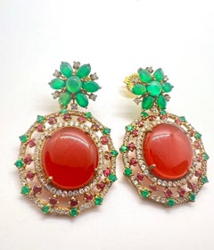 Bochic “Capri” Vintage Ruby, Emerlad & Rose Cut Sapphire Earrings - 18K Gold & S