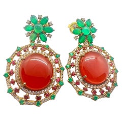 Bochic “Capri” Vintage Ruby, Emerlad & Rose Cut Sapphire Earrings - 18K Gold & S