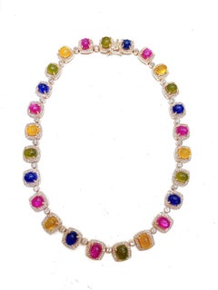 Collana Bochic "Capri" con rubino d'epoca e zaffiri colorati in argento e 18 carati