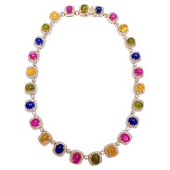 Collana Bochic "Capri" con rubino d'epoca e zaffiri colorati in argento e 18 carati