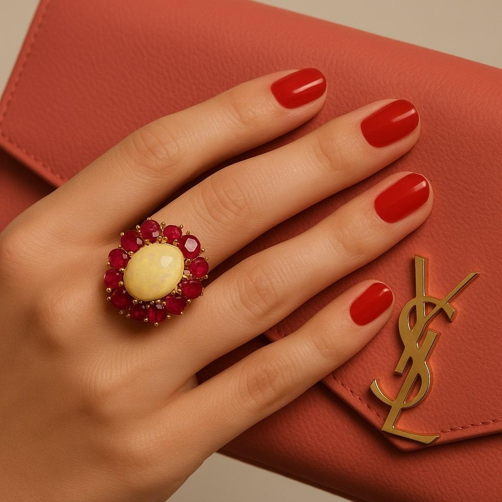 Bochic “Capri” Vintage Ruby 
Fire Opal Cluster Ring Set In 18K Gold 
Silver