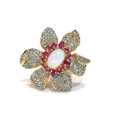 Bochic “Capri” Vintage Ruby, Fire Opal & Topaz Flower Ring Set 18K Gold & Silver
