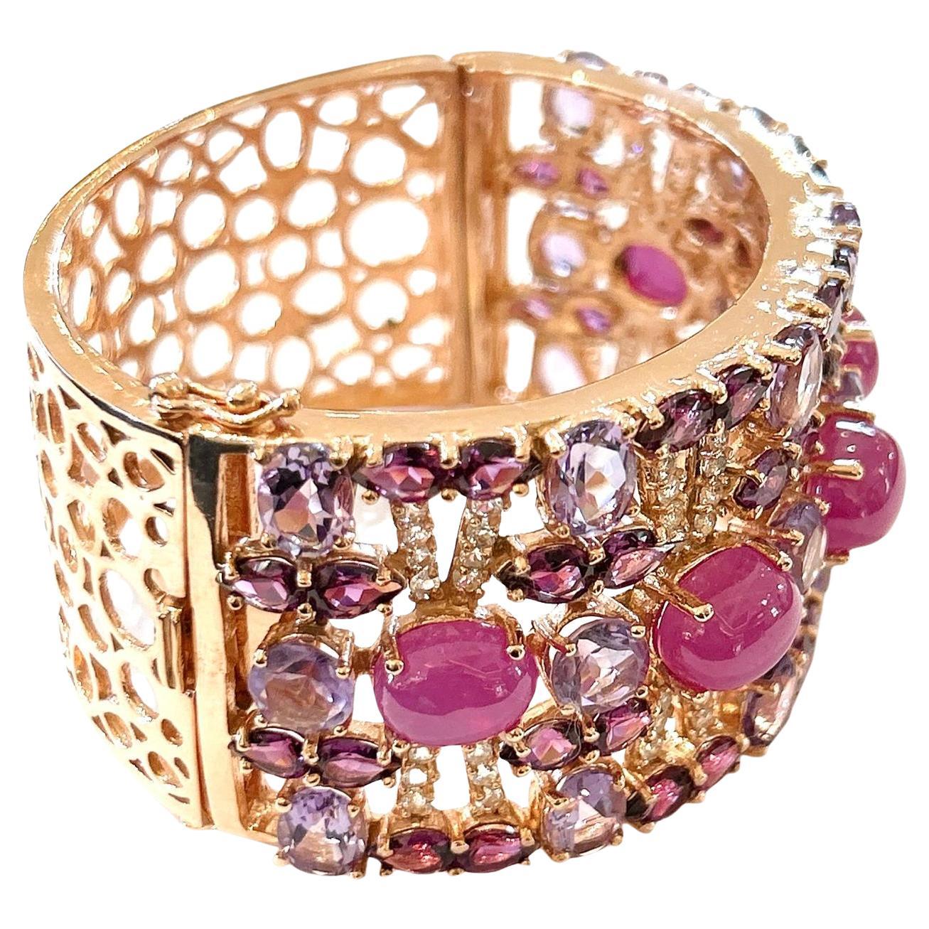 Bochic “Capri” Vintage Ruby & Multi Color Gem & Amethyst Cuff Set In 18K Gold &