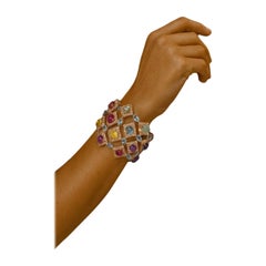 Bochic “Capri” Vintage Ruby & Multi Color Gem & Sapphire Bangle Set 18K Gold &