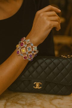 Juego de brazalete Bochic "Capri" Vintage de rubí y gemas multicolores y zafiro Oro de 18 quilates y