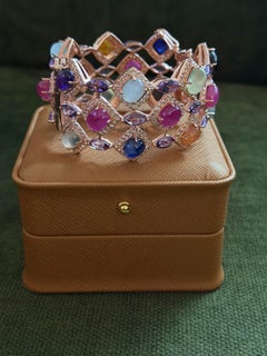 Bochic “Capri” Vintage Ruby & Multi Color Gem & Sapphire Bangle Set In 18K Gold