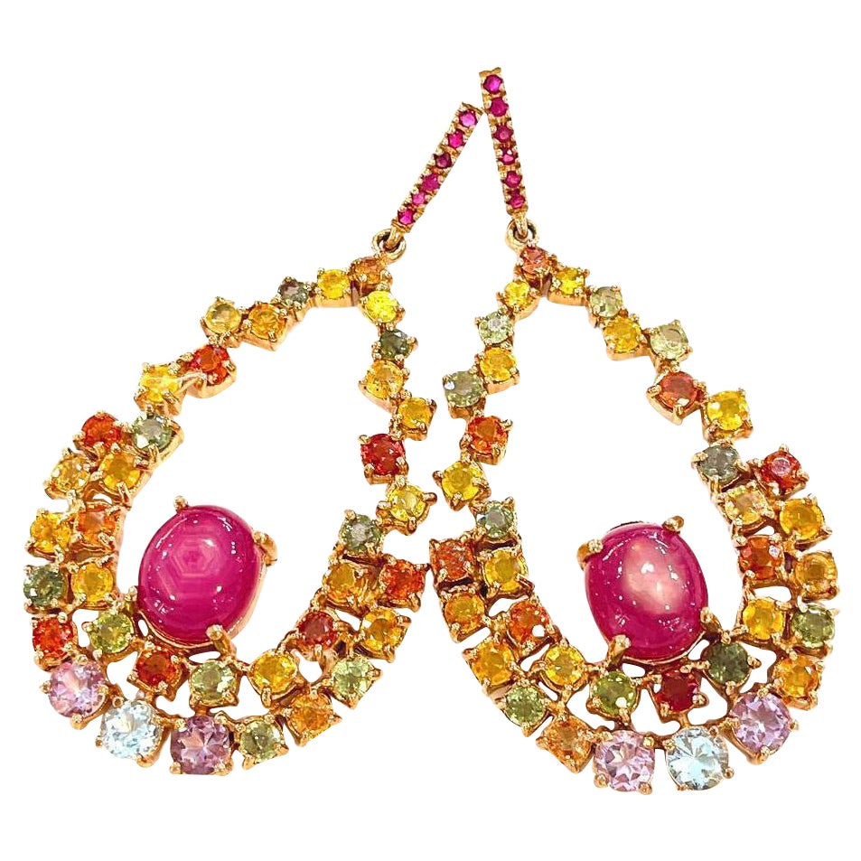 Bochic “Capri” Vintage Ruby & Multi Fancy Sapphire Earrings-18K Gold & Silver