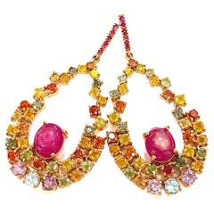 Bochic “Capri” Vintage Ruby & Multi Fancy Sapphire Earrings-18K Gold & Silver
