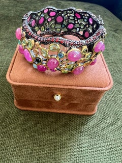 Bochic “Capri” Vintage Ruby & Multi Gem Bangle Set In 18K Gold & Silver