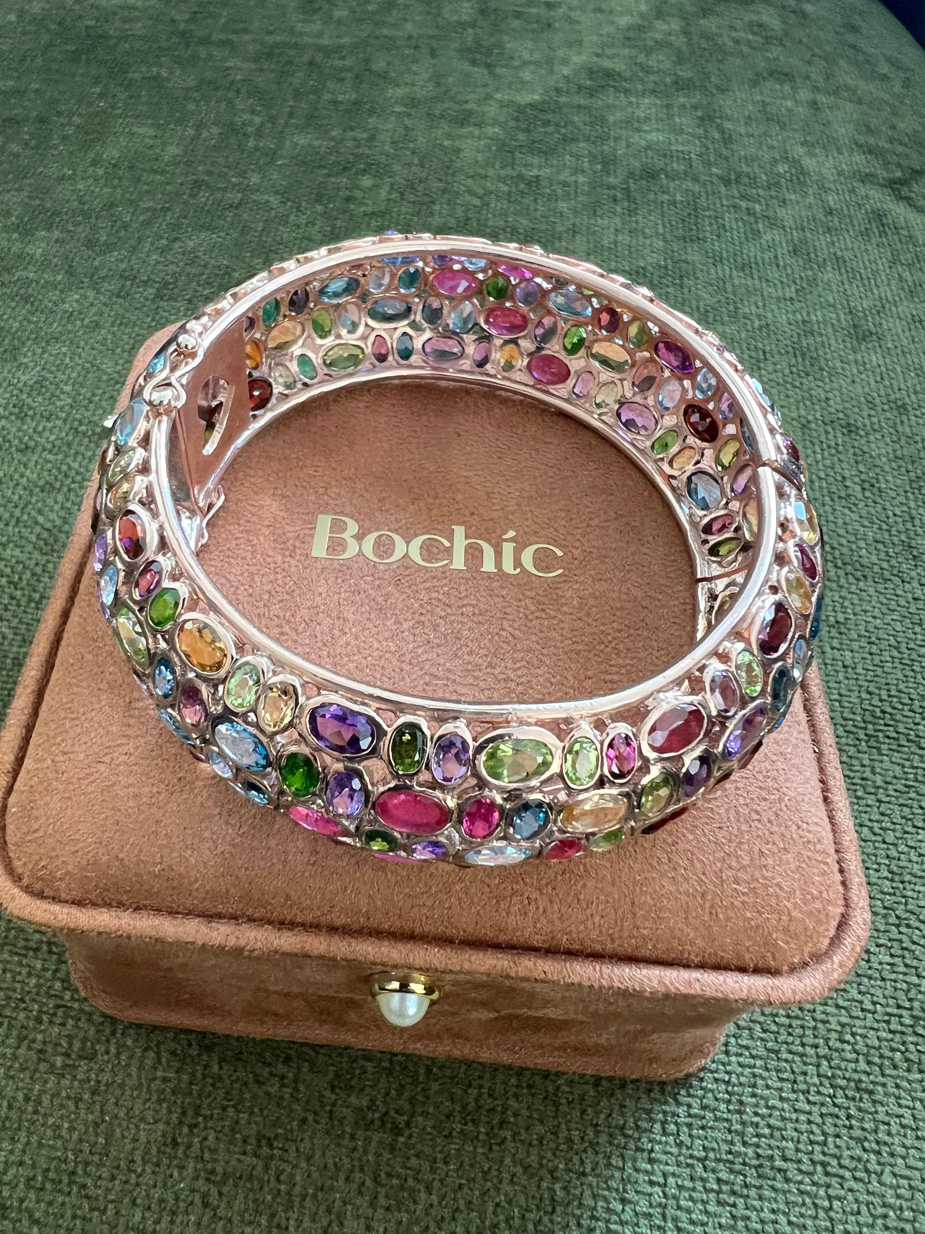 Art Deco Bochic “Capri” Vintage Ruby & Multi Gem Bangle Set In 18K Gold & Silver For Sale
