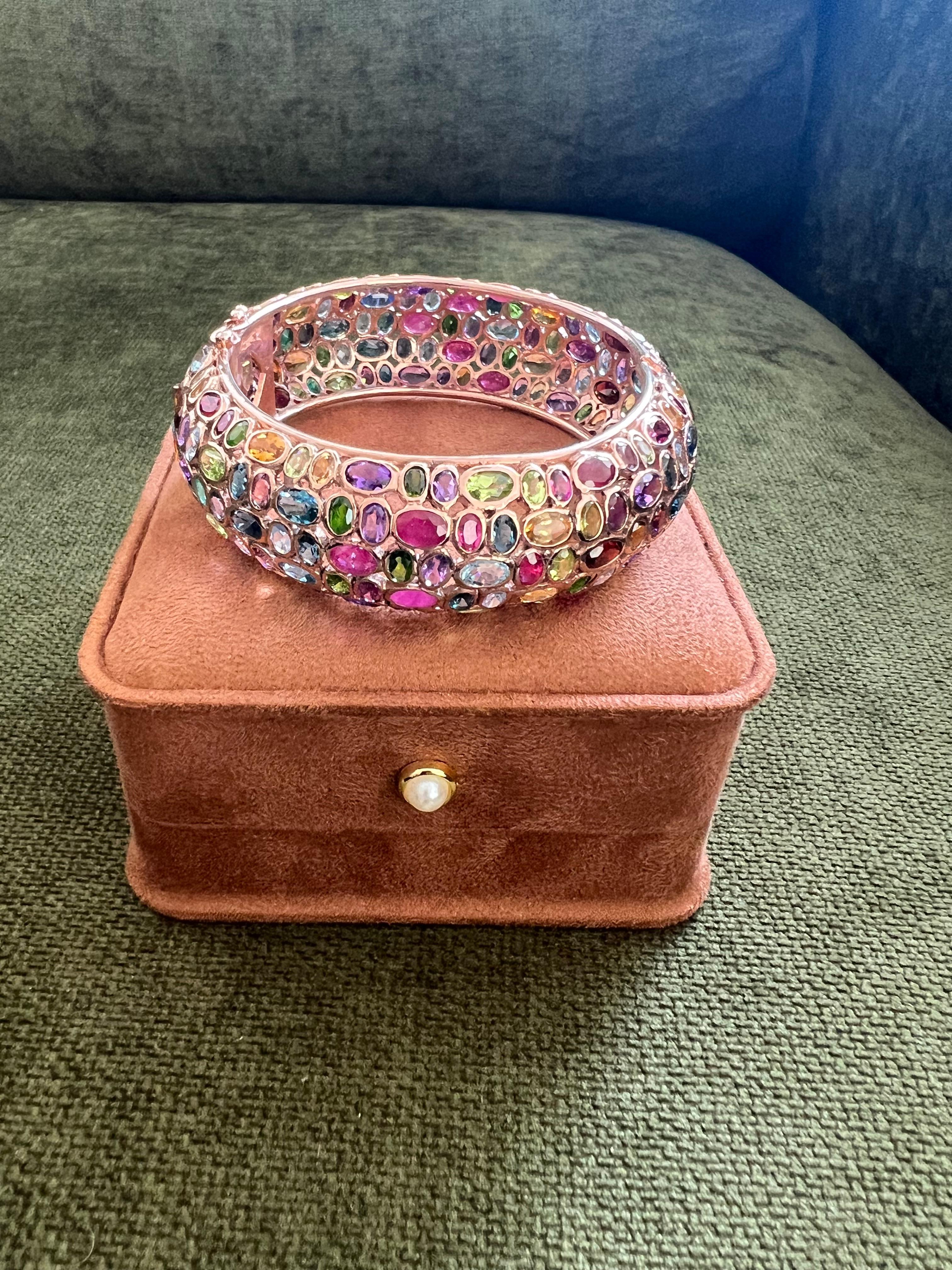 Brilliant Cut Bochic “Capri” Vintage Ruby & Multi Gem Bangle Set In 18K Gold & Silver For Sale