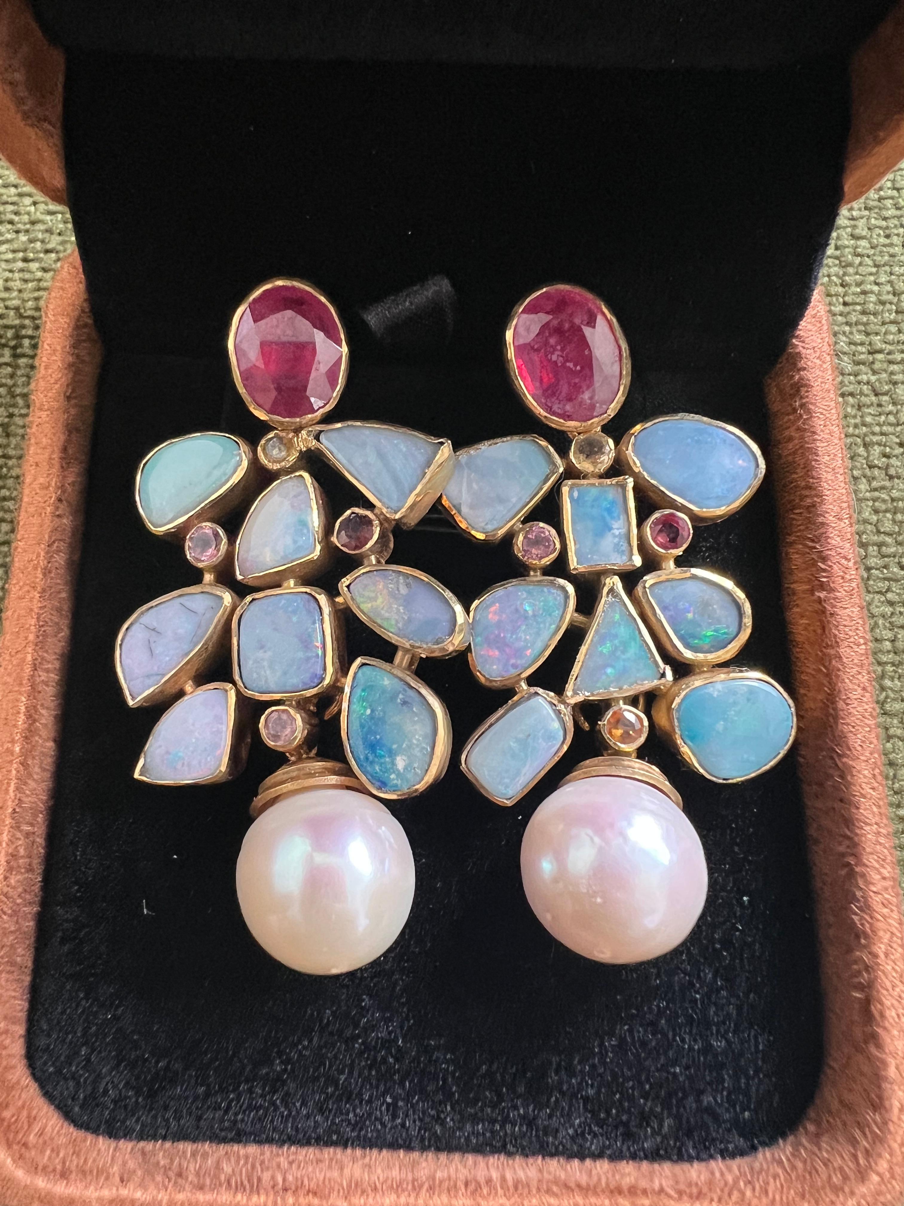 Bochic “Capri” Vintage Ruby & Multi Pastel Opals Earrings Set In 18K Gold & Silv For Sale 4