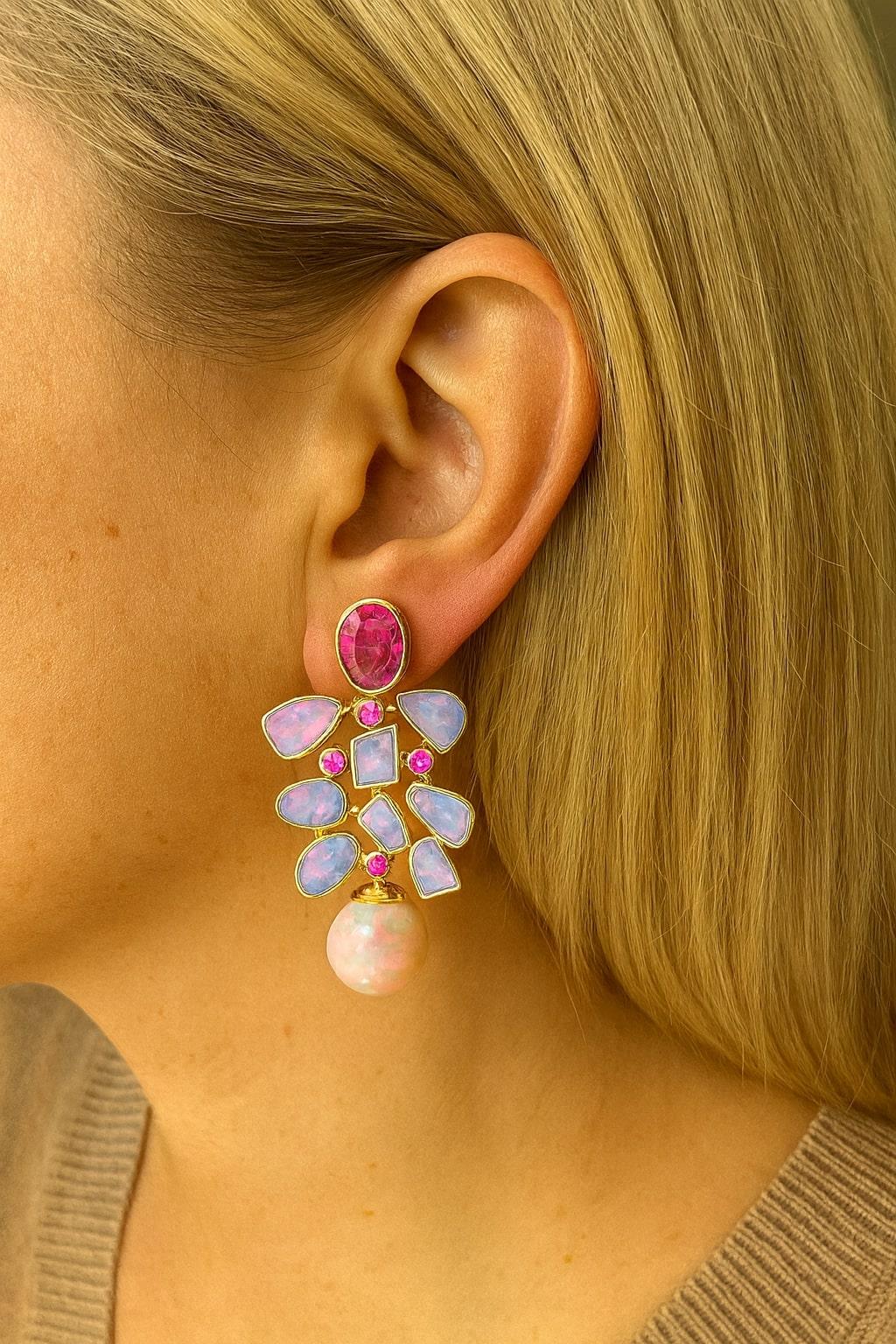 Bochic “Capri” Vintage Ruby & Multi Pastel Opals Earrings Set In 18K Gold & Silv For Sale 6