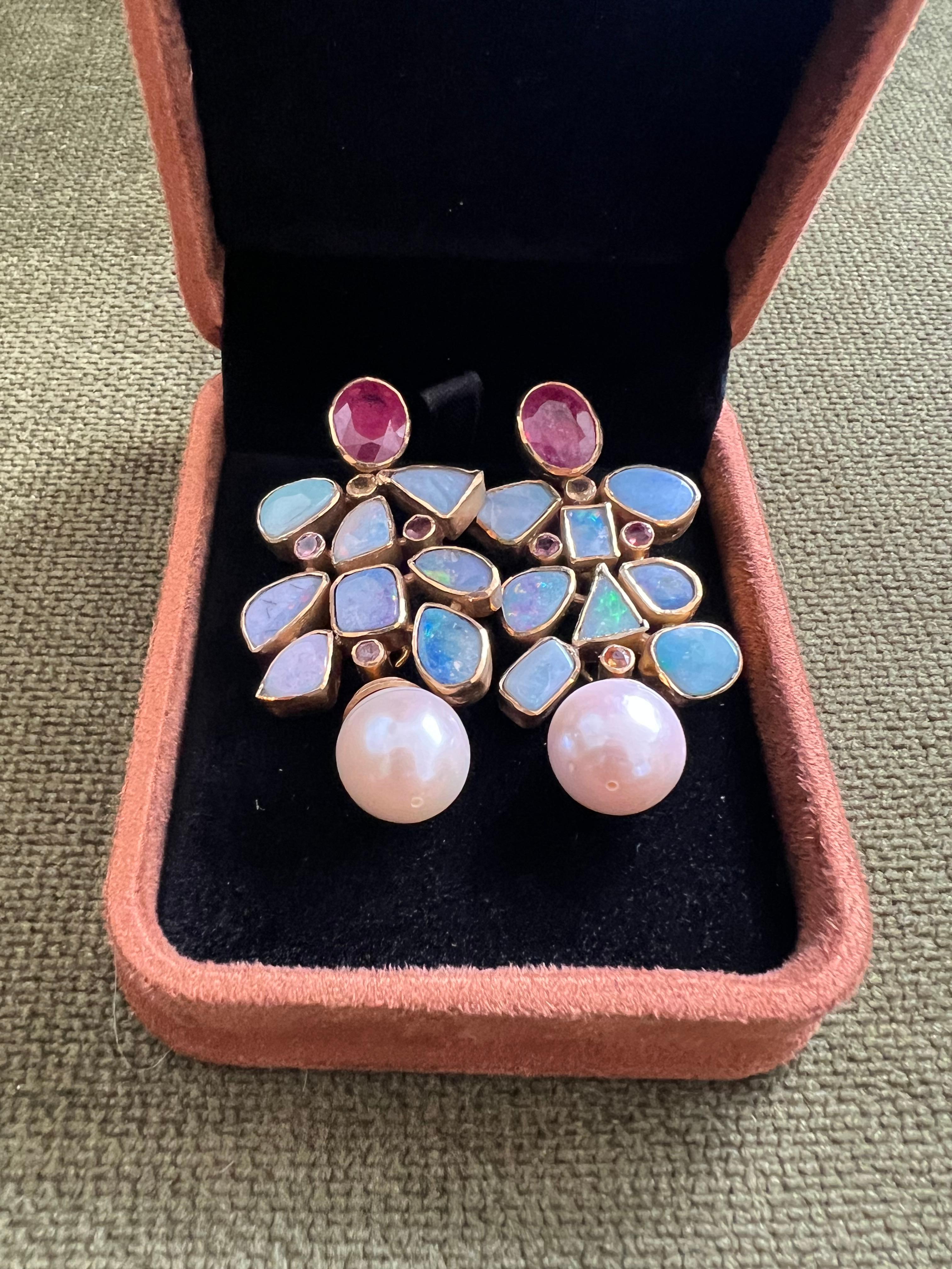 Art Deco Bochic “Capri” Vintage Ruby & Multi Pastel Opals Earrings Set In 18K Gold & Silv For Sale