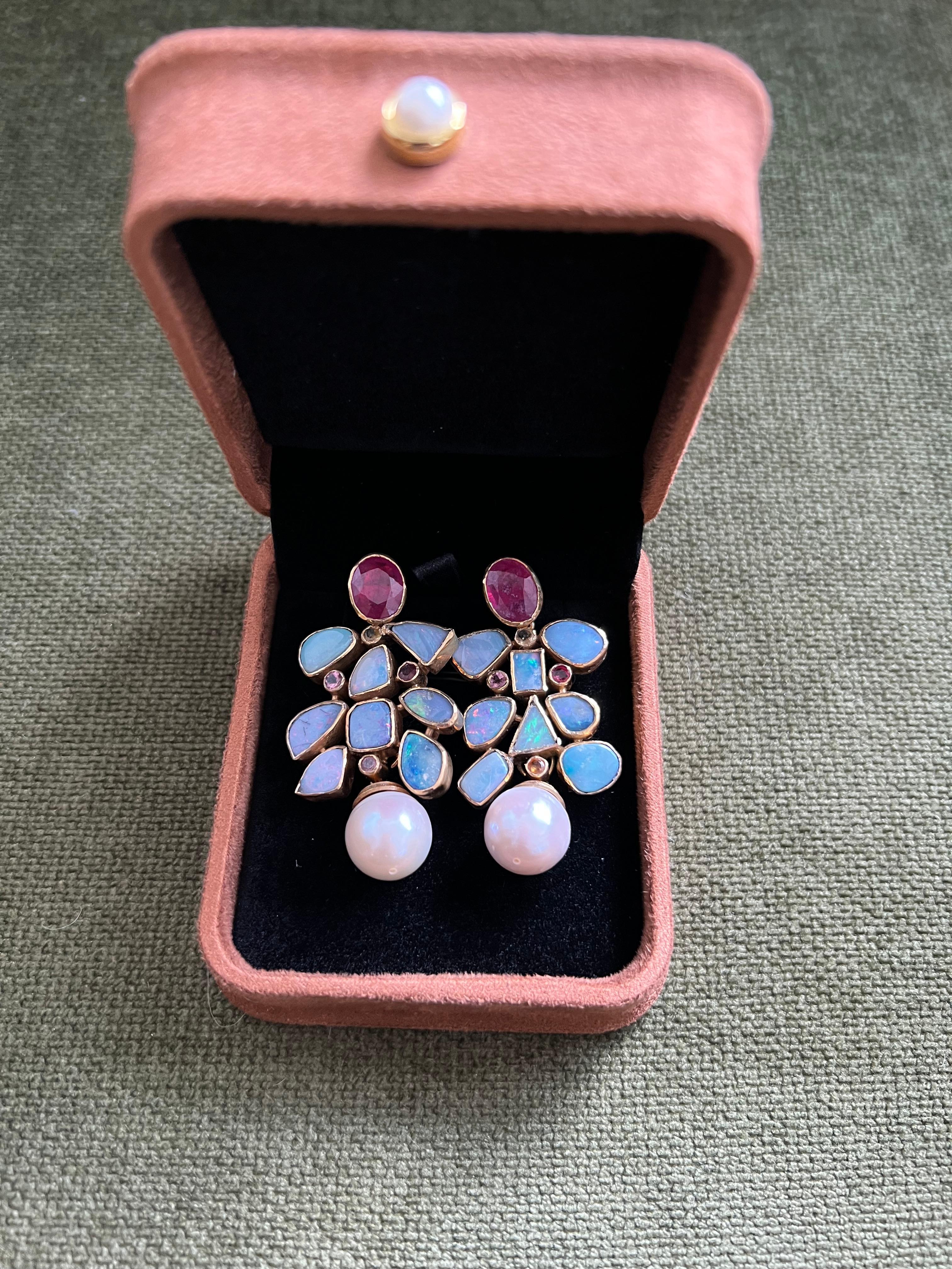 Antique Cushion Cut Bochic “Capri” Vintage Ruby & Multi Pastel Opals Earrings Set In 18K Gold & Silv For Sale