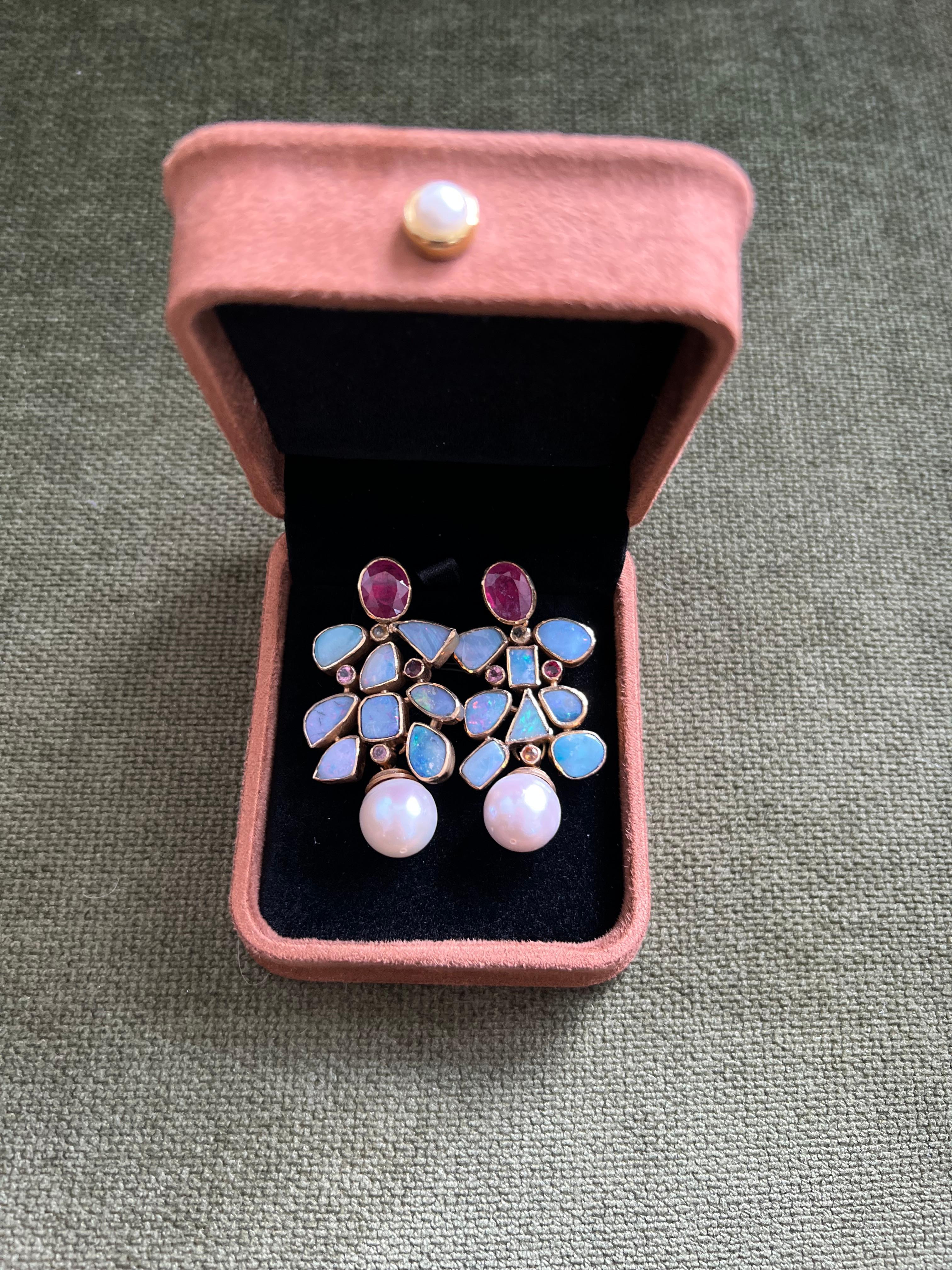 Bochic “Capri” Vintage Ruby & Multi Pastel Opals Earrings Set In 18K Gold & Silv In Excellent Condition For Sale In New York, NY