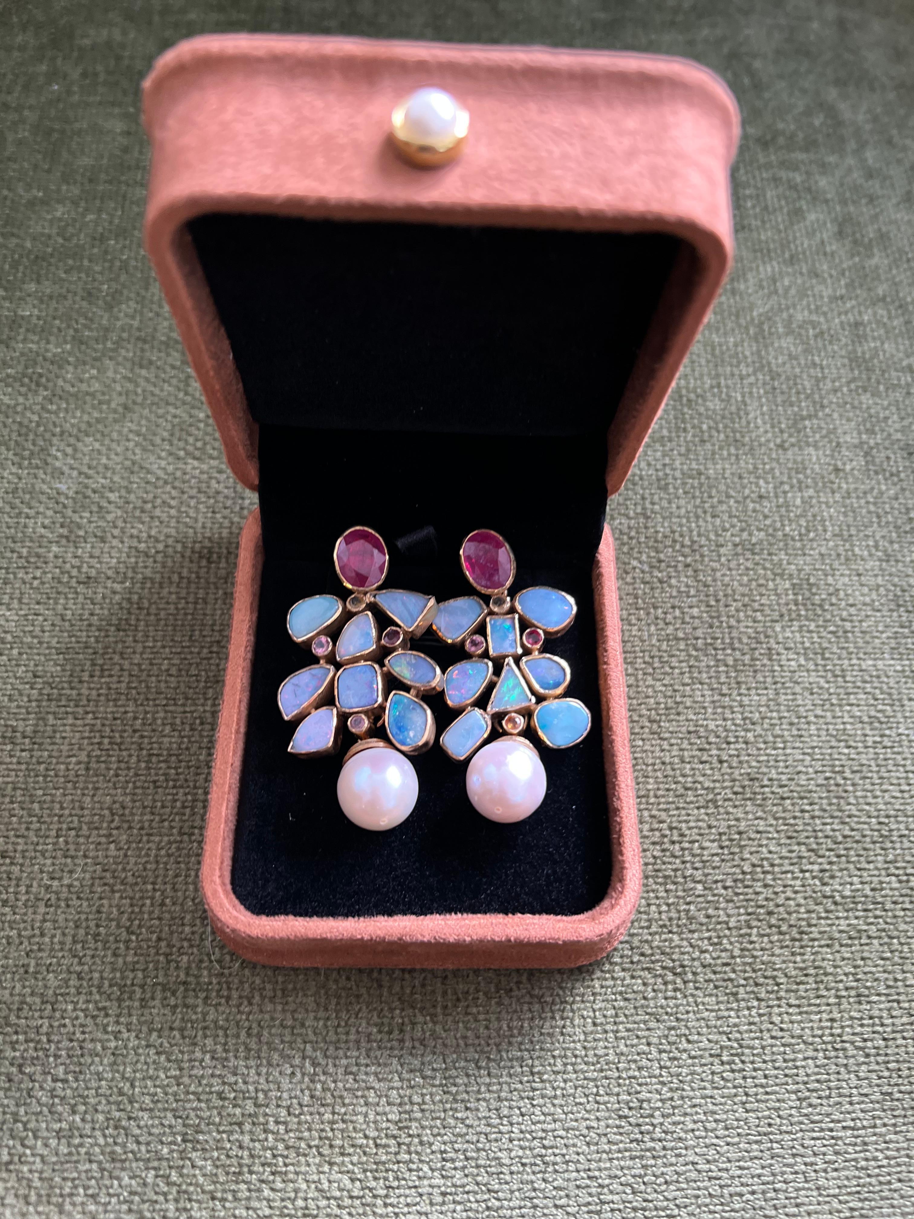 Women's or Men's Bochic “Capri” Vintage Ruby & Multi Pastel Opals Earrings Set In 18K Gold & Silv For Sale