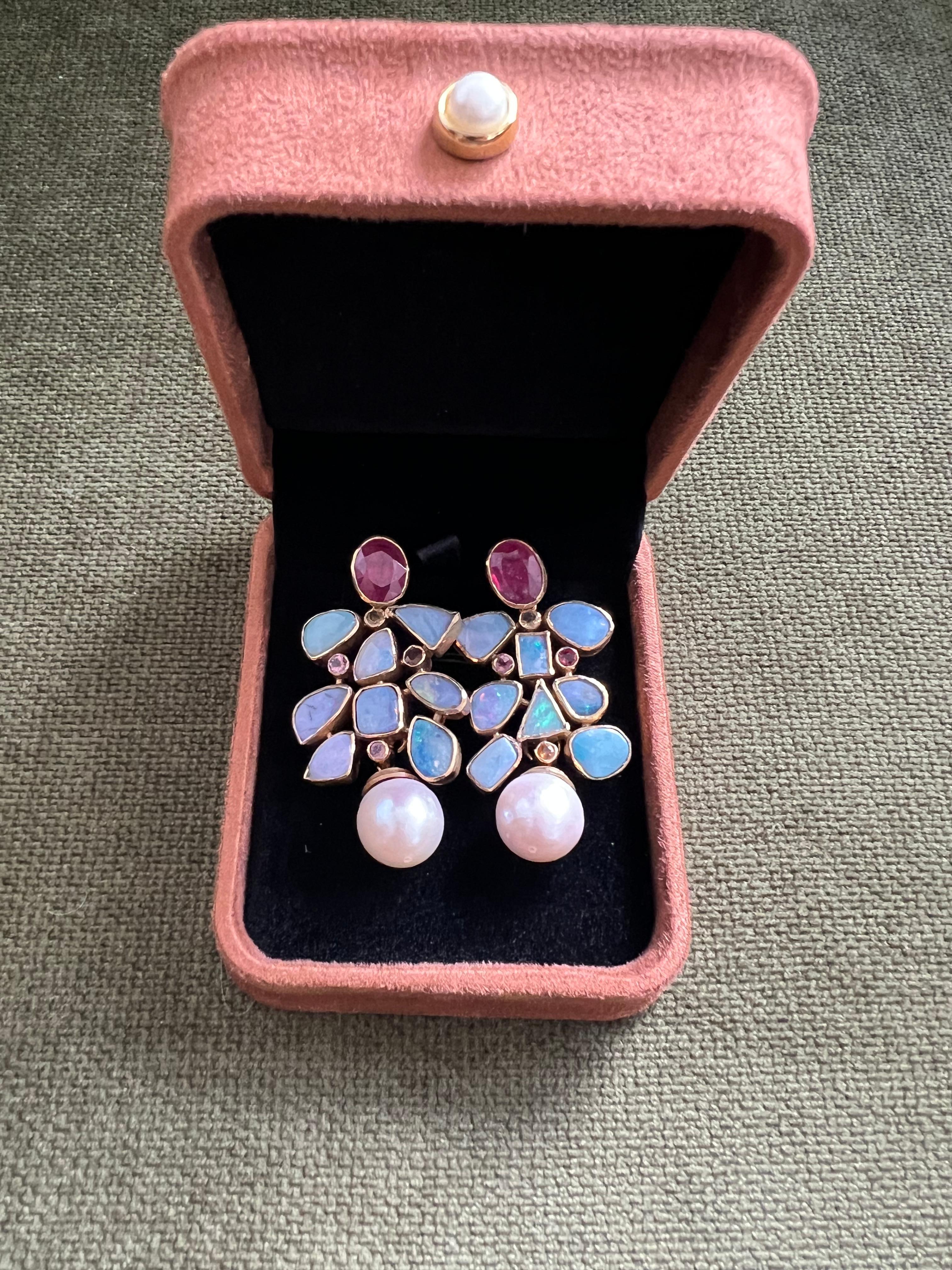 Bochic “Capri” Vintage Ruby & Multi Pastel Opals Earrings Set In 18K Gold & Silv For Sale 2