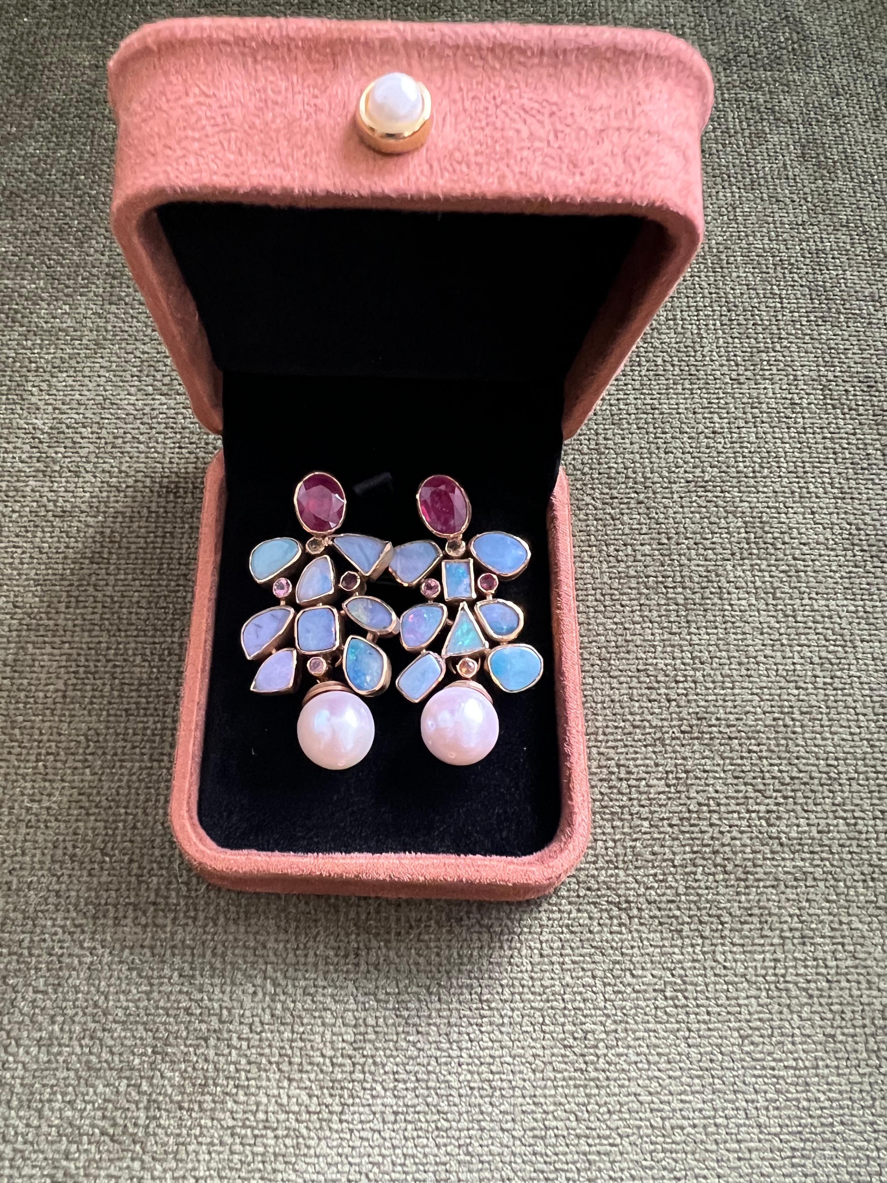 Bochic “Capri” Vintage Ruby & Multi Pastel Opals Earrings Set In 18K Gold & Silv For Sale 3