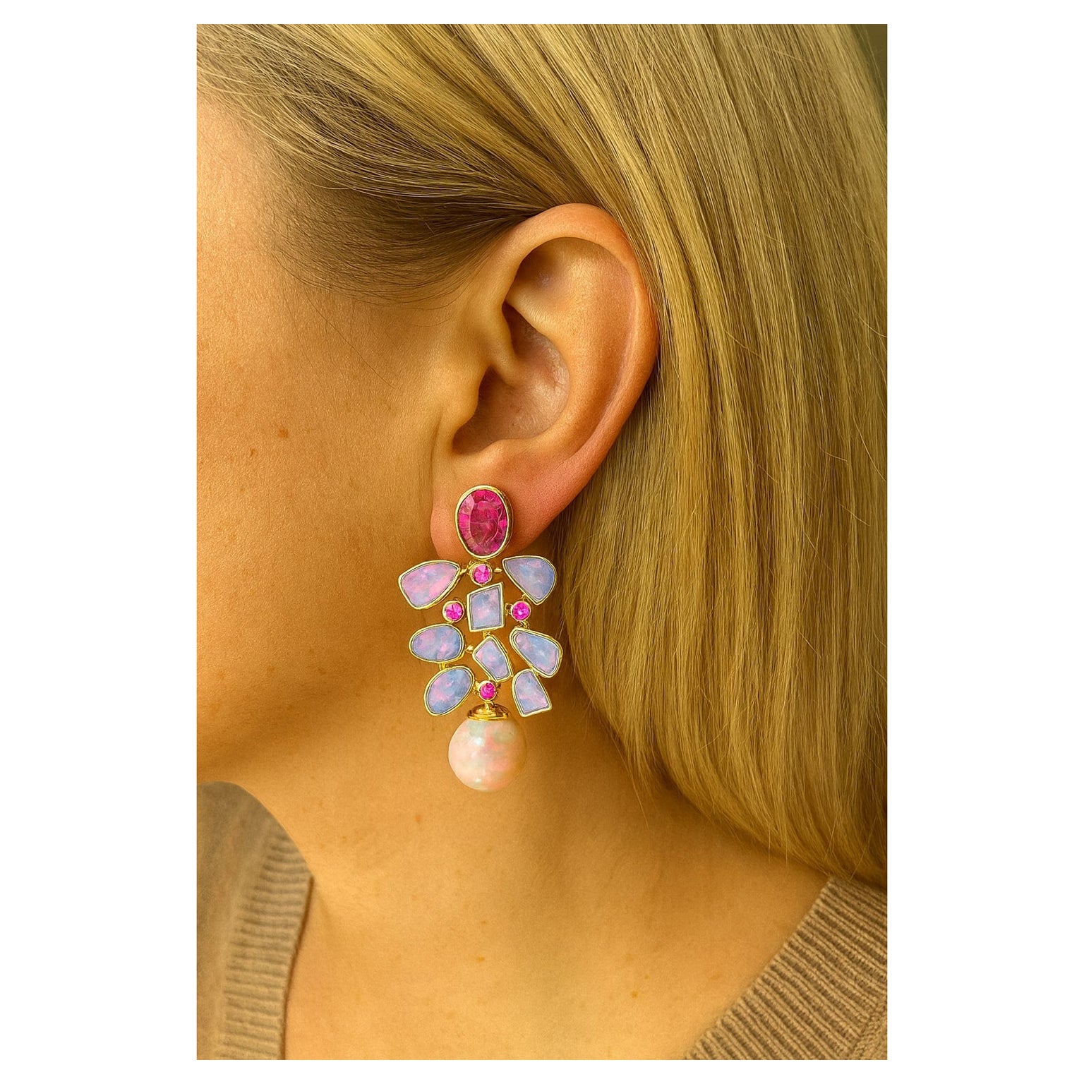 Bochic “Capri” Vintage Ruby & Multi Pastel Opals Earrings Set In 18K Gold & Silv For Sale
