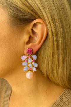Bochic “Capri” Vintage Ruby & Multi Pastel Opals Earrings Set In 18K Gold & Silv