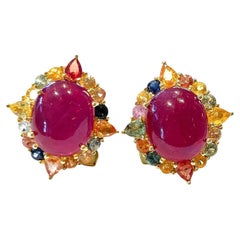 Bochic “Capri” Vintage Ruby & Multi Pastel Tourmaline Earrings Set In 18K Gold &