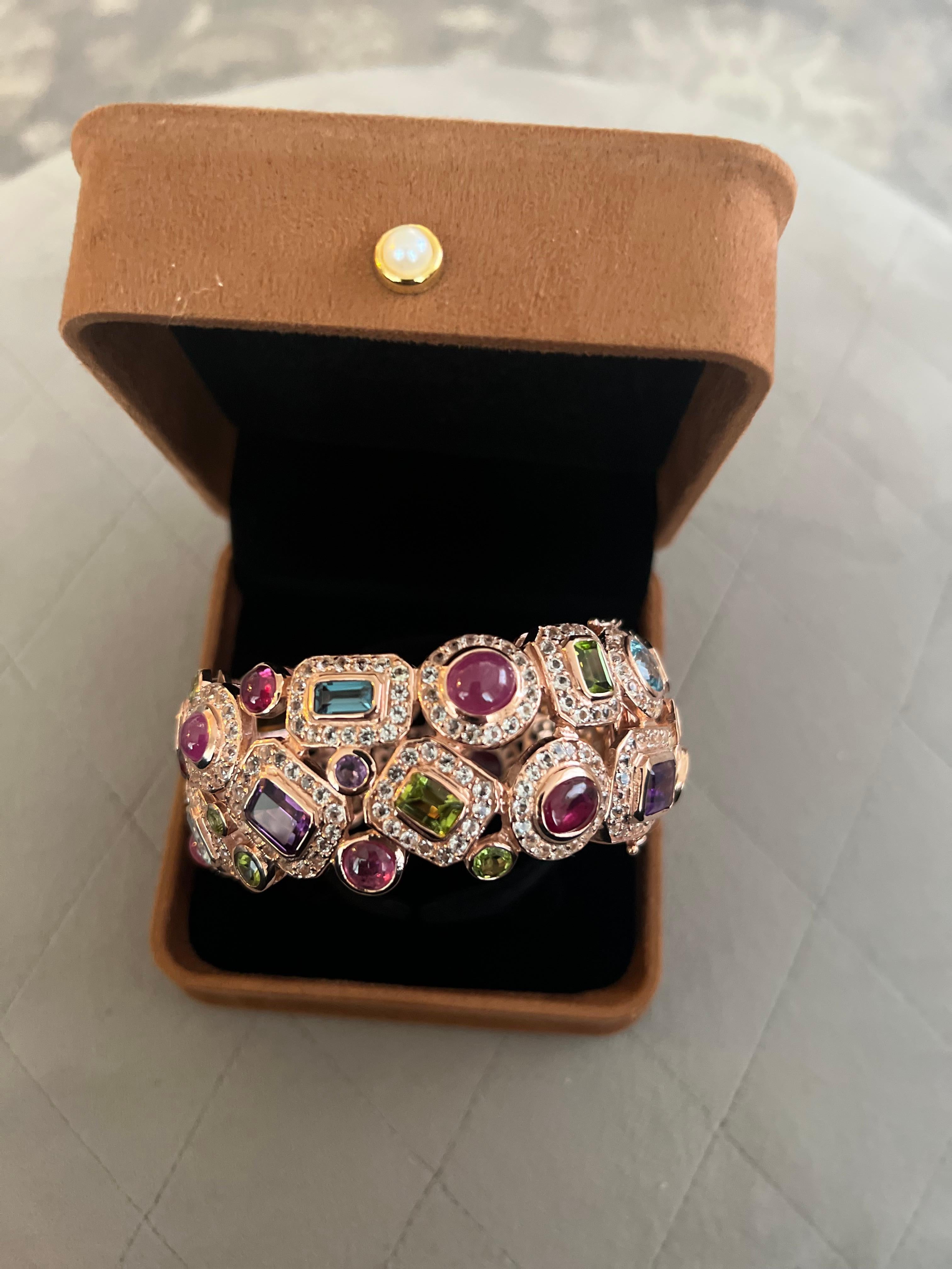 Bochic “Capri” Vintage Ruby & Multi Sapphire Bangle Set In 18K Gold & Silver For Sale 4