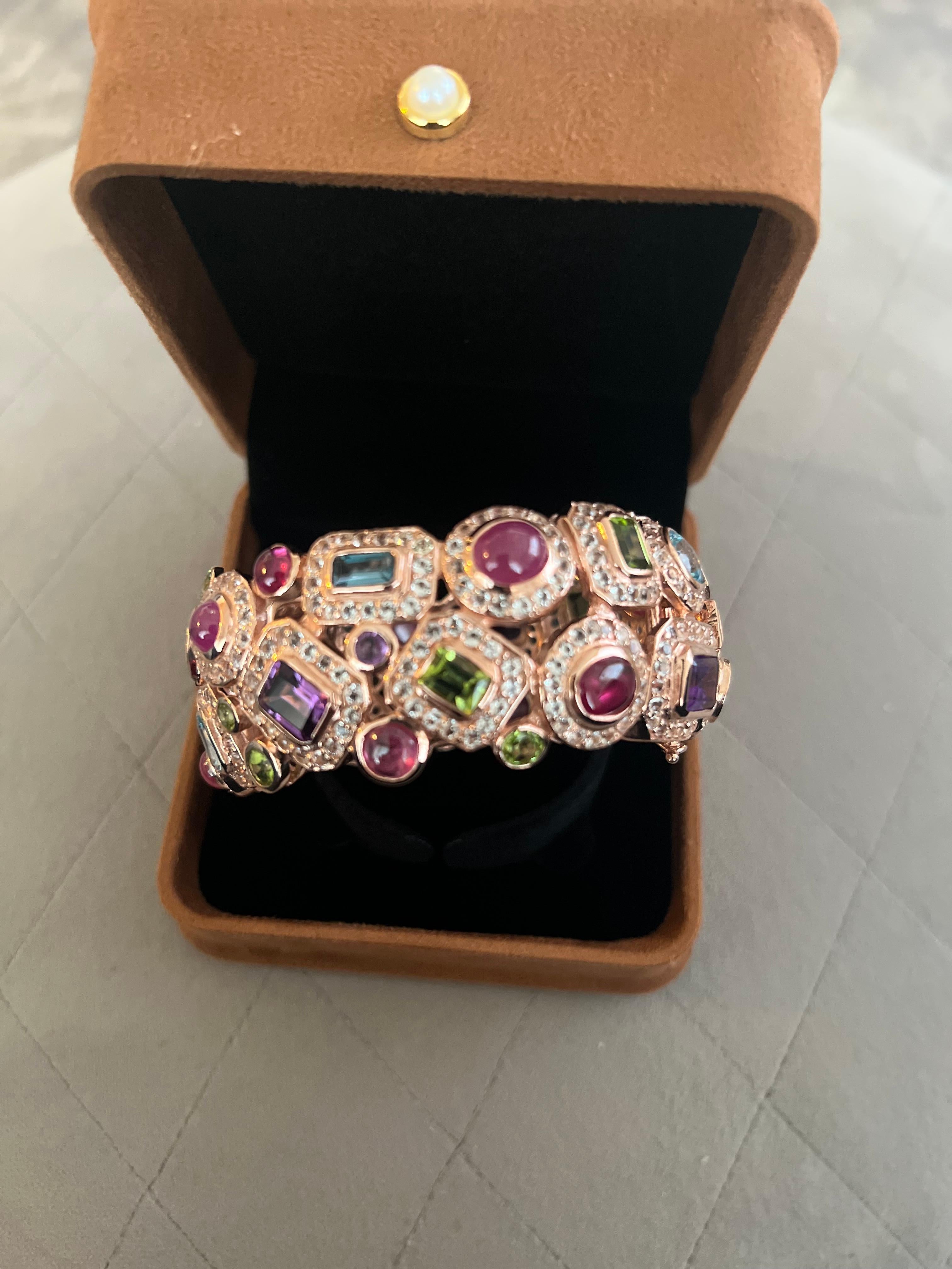 Bochic “Capri” Vintage Ruby & Multi Sapphire Bangle Set In 18K Gold & Silver For Sale 5