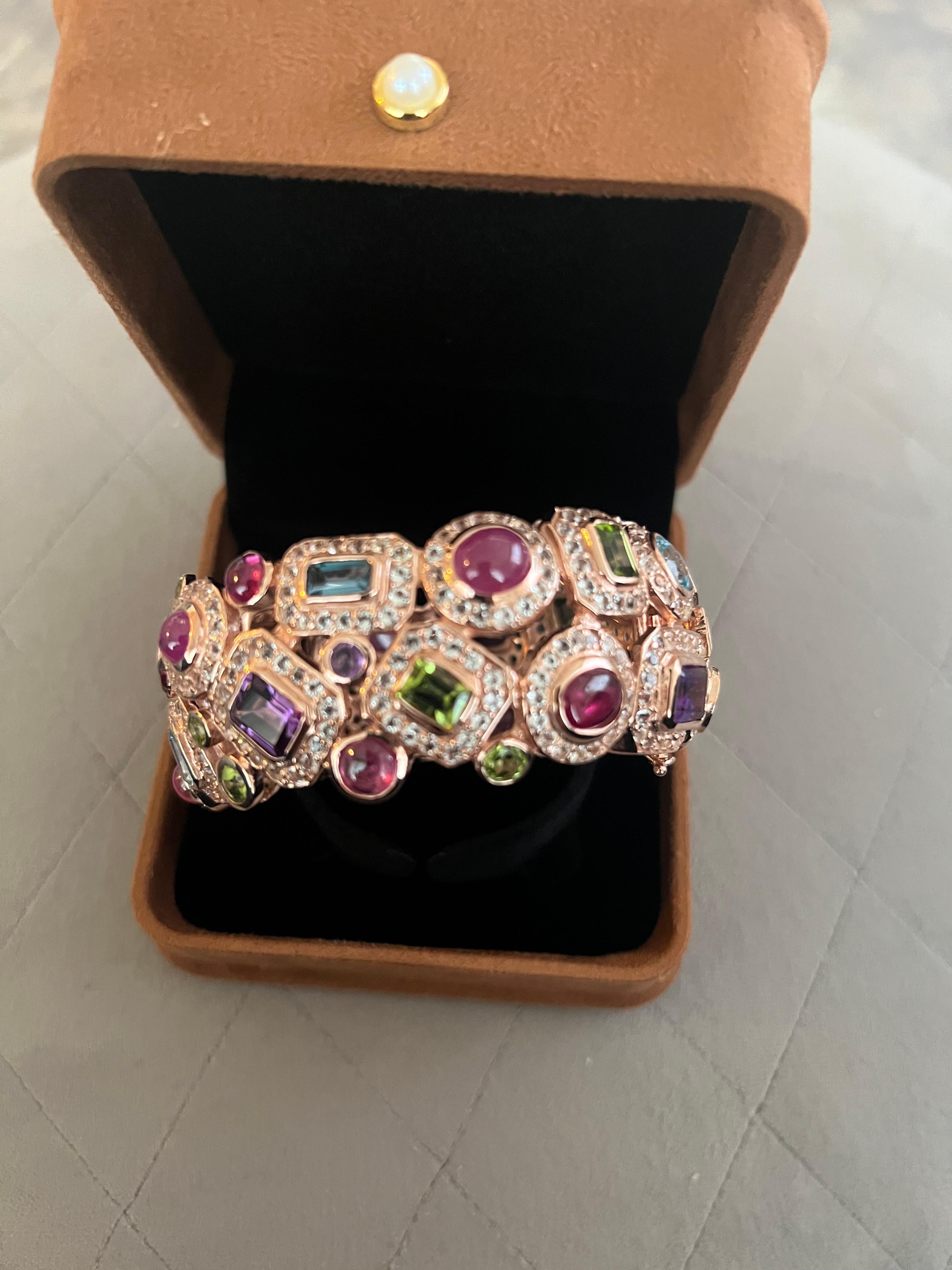 Bochic “Capri” Vintage Ruby & Multi Sapphire Bangle Set In 18K Gold & Silver For Sale 6