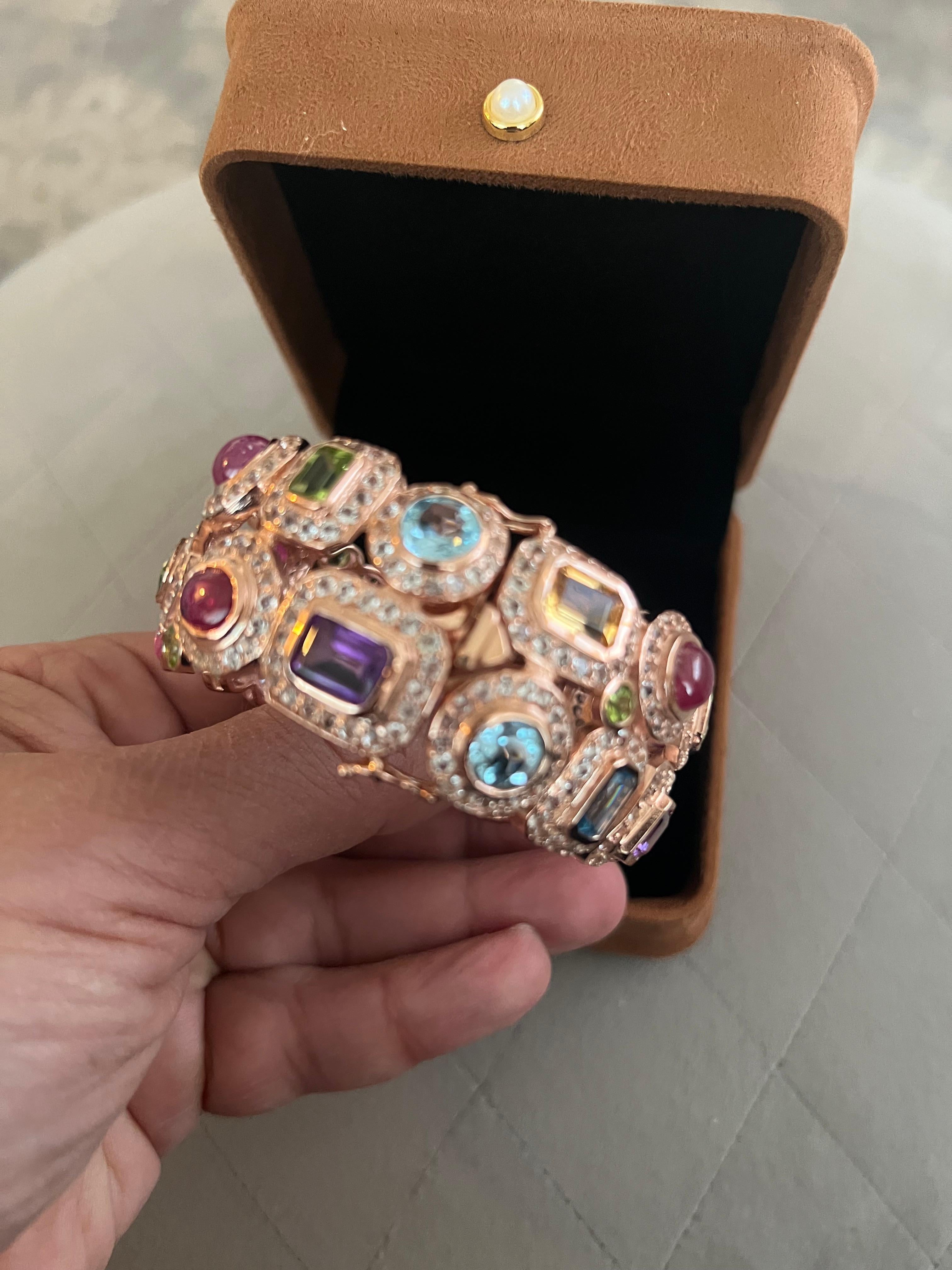Bochic “Capri” Vintage Ruby & Multi Sapphire Bangle Set In 18K Gold & Silver For Sale 7
