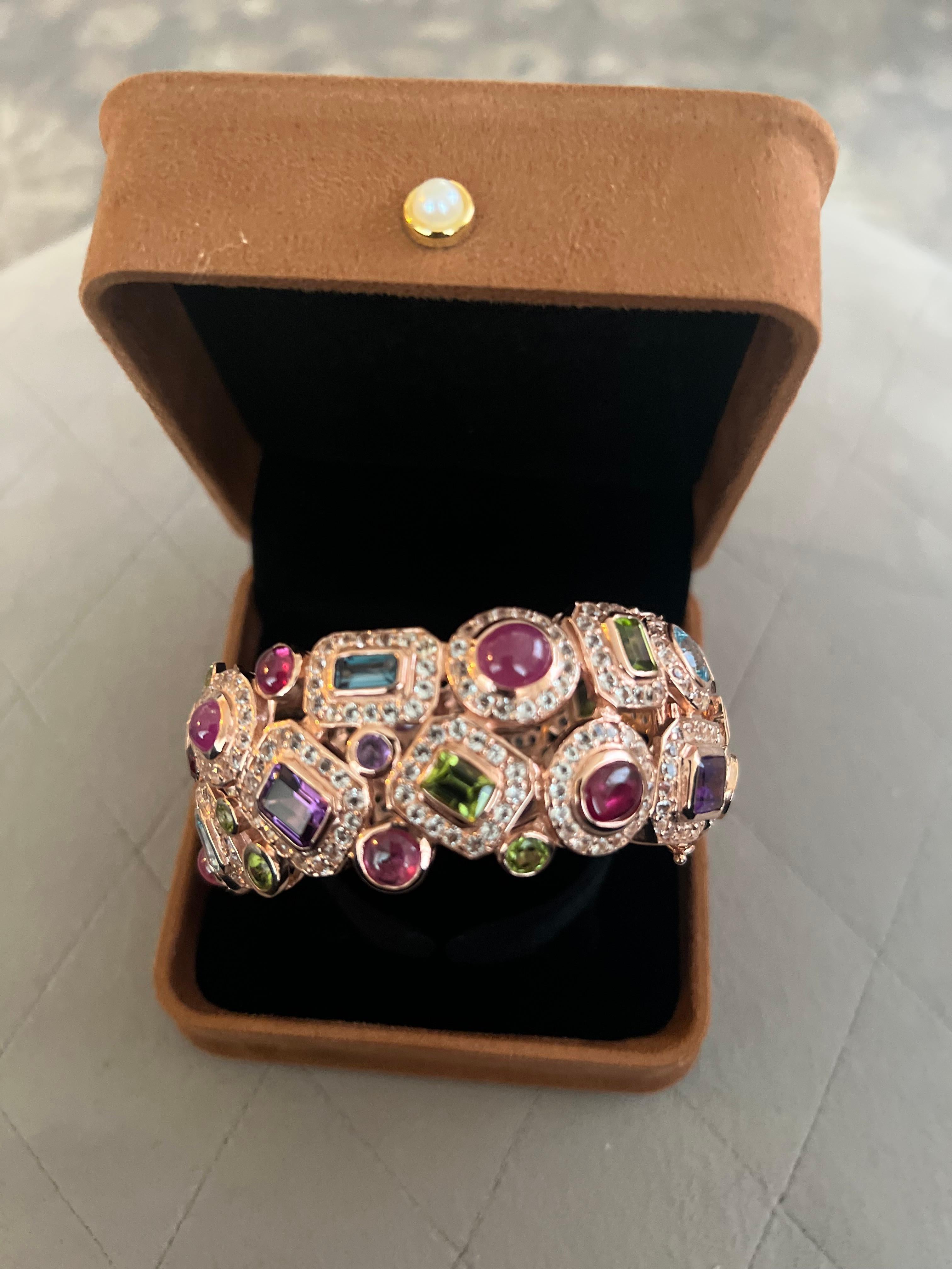 Bochic “Capri” Vintage Ruby & Multi Sapphire Bangle Set In 18K Gold & Silver For Sale 8