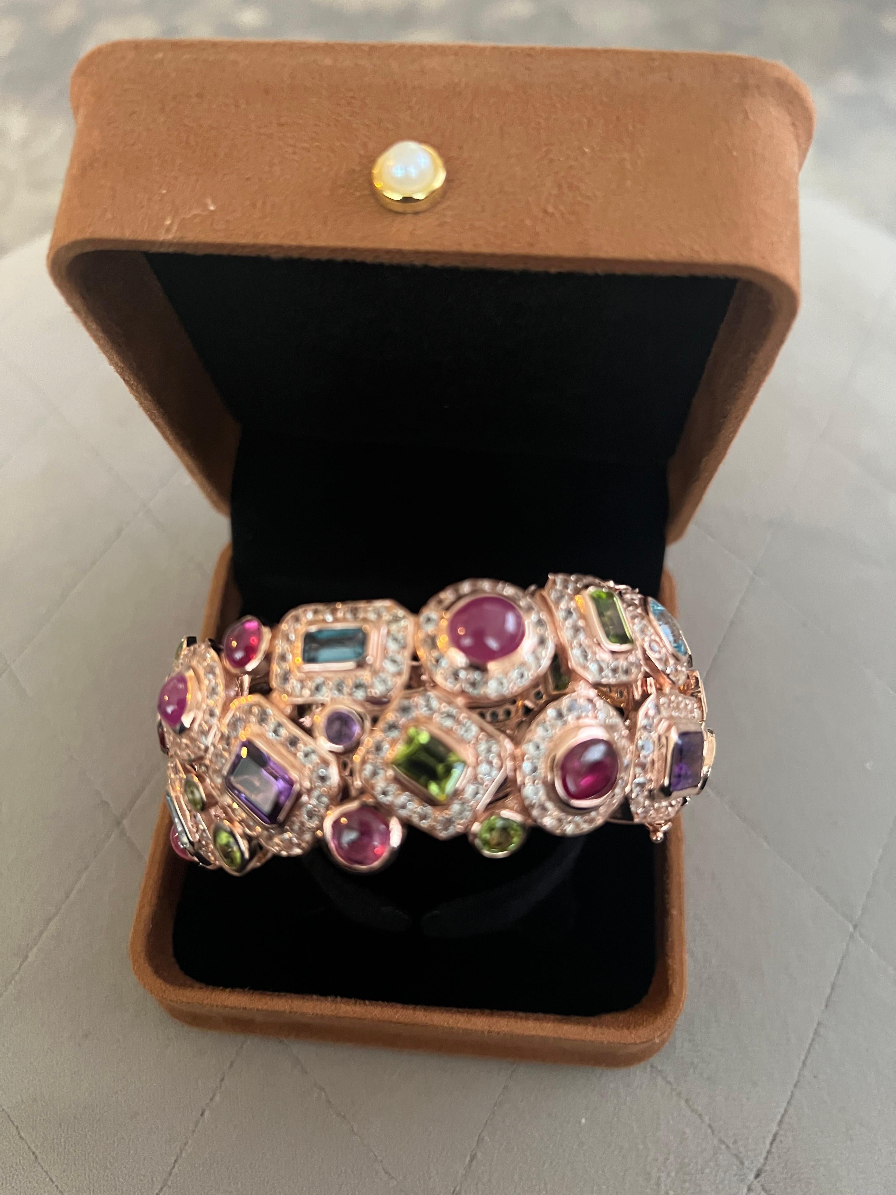 Bochic “Capri” Vintage Ruby & Multi Sapphire Bangle Set In 18K Gold & Silver For Sale 9