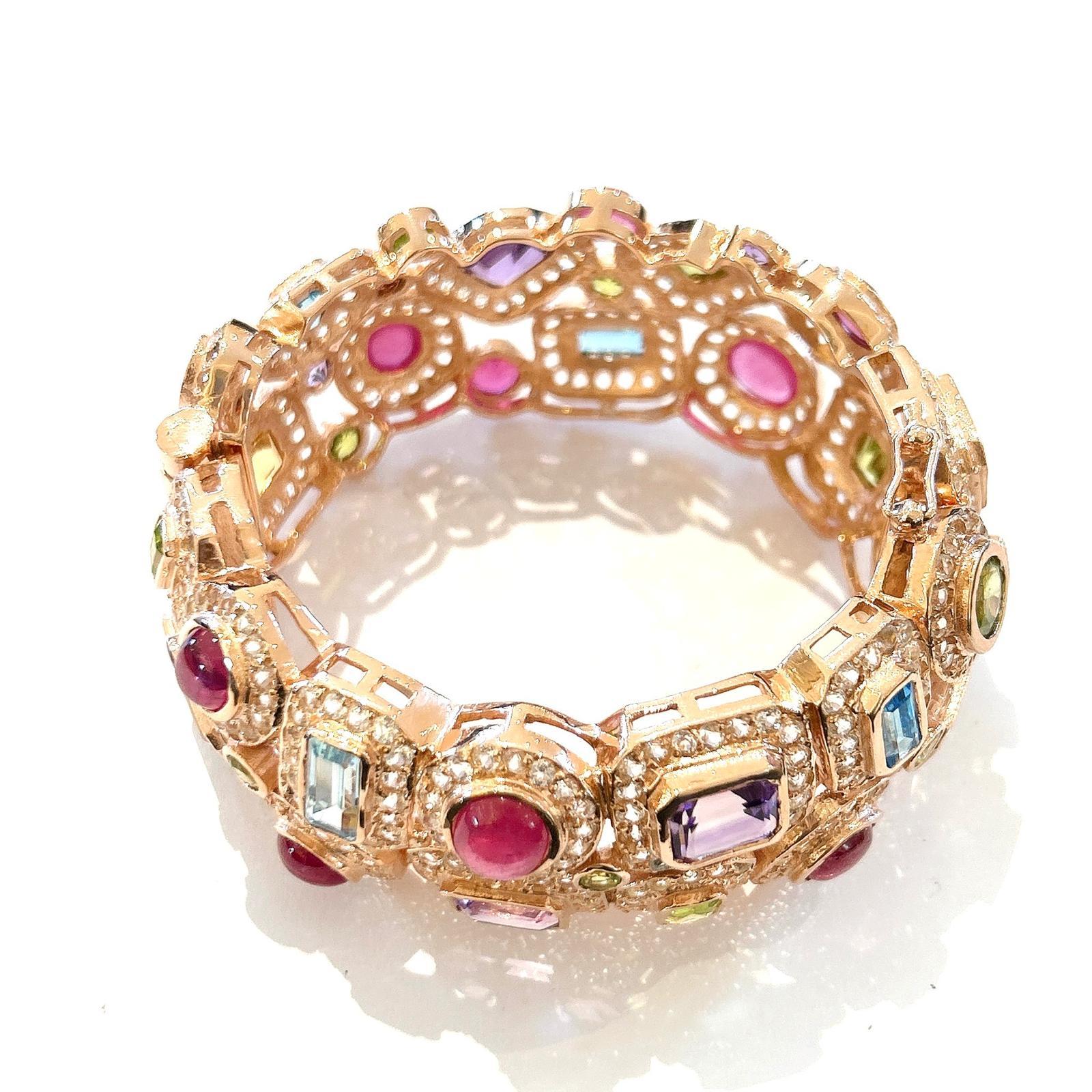 Brilliant Cut Bochic “Capri” Vintage Ruby & Multi Sapphire Bangle Set In 18K Gold & Silver For Sale