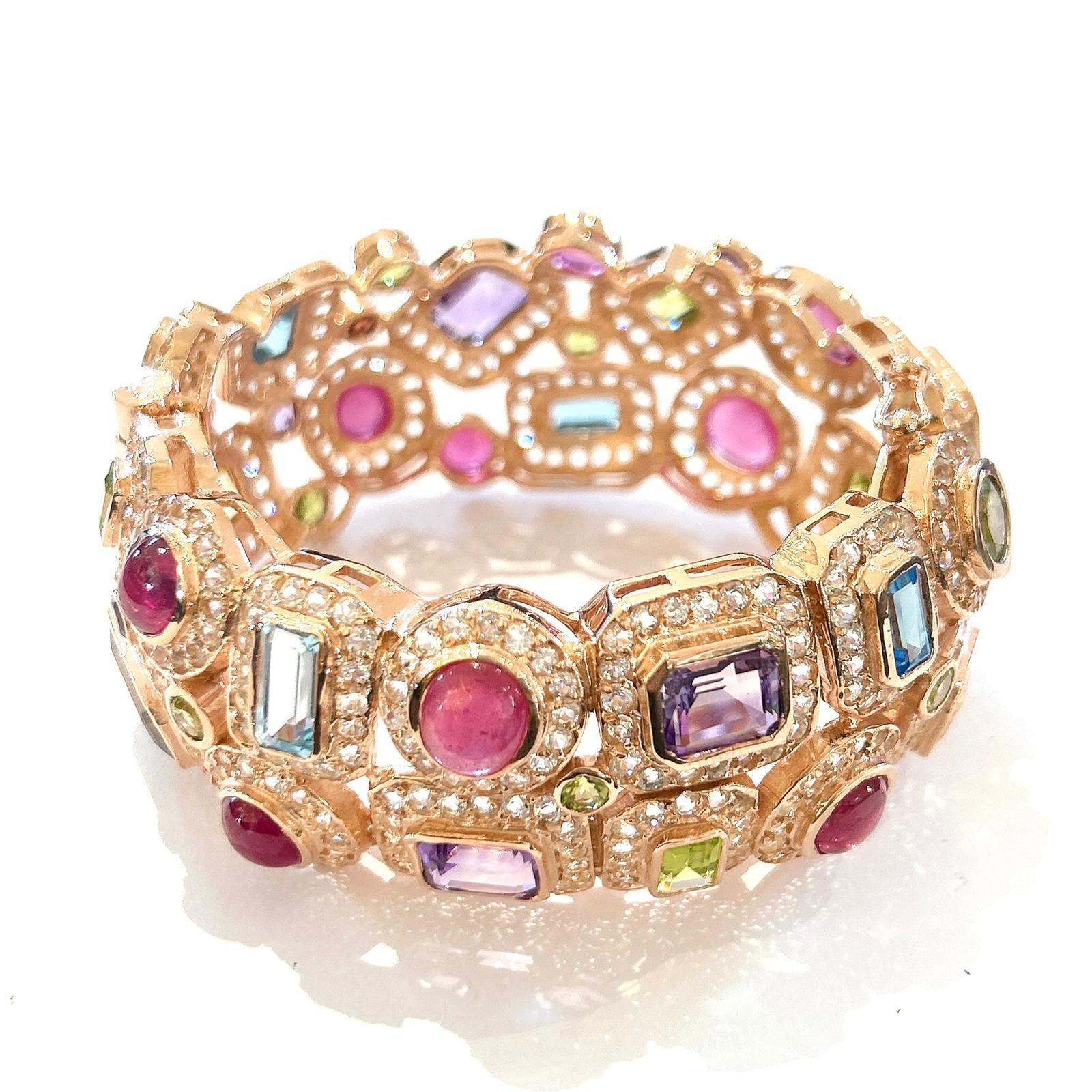 Bochic “Capri” Vintage Ruby & Multi Sapphire Bangle Set In 18K Gold & Silver In Excellent Condition For Sale In New York, NY