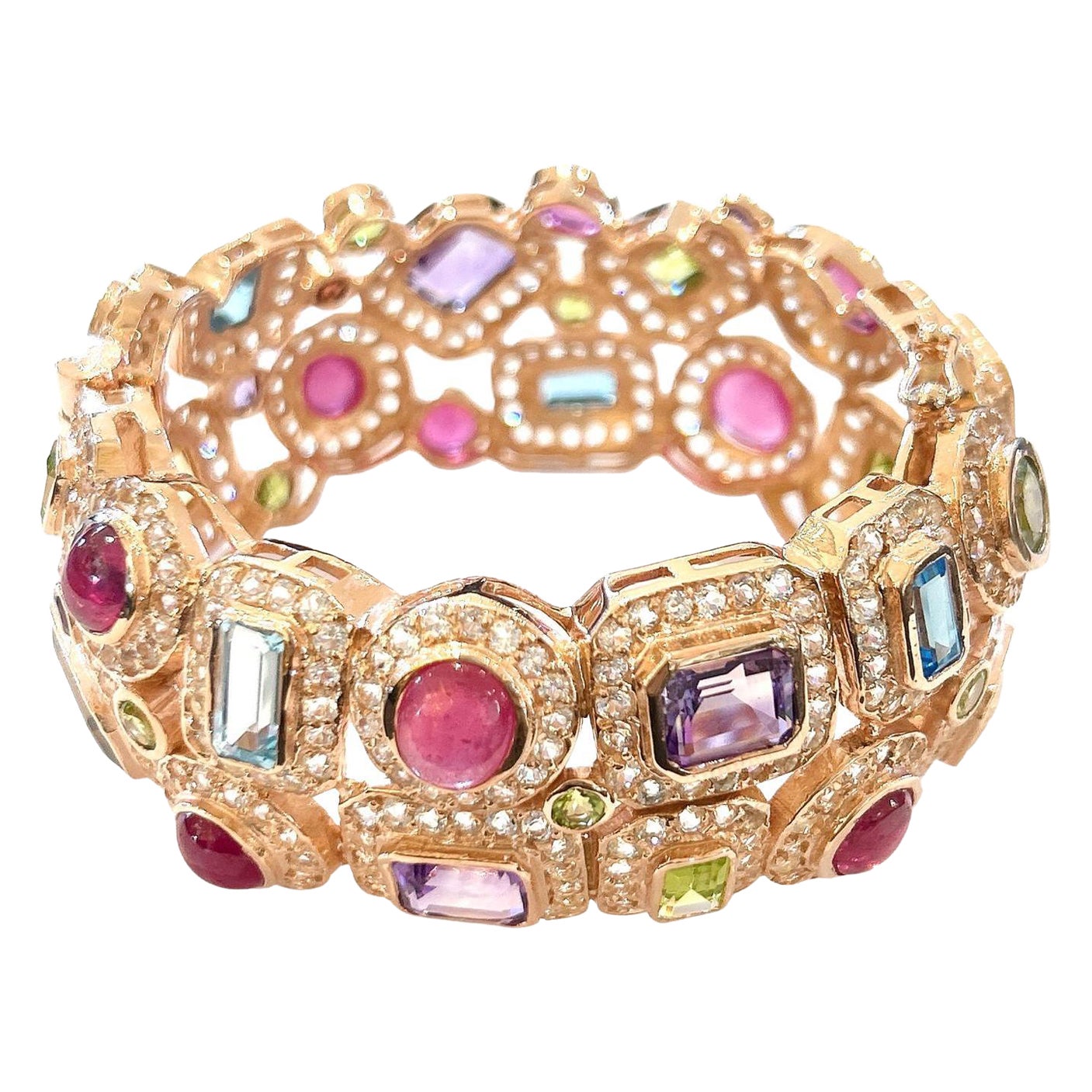 Bochic “Capri” Vintage Ruby & Multi Sapphire Bangle Set In 18K Gold & Silver