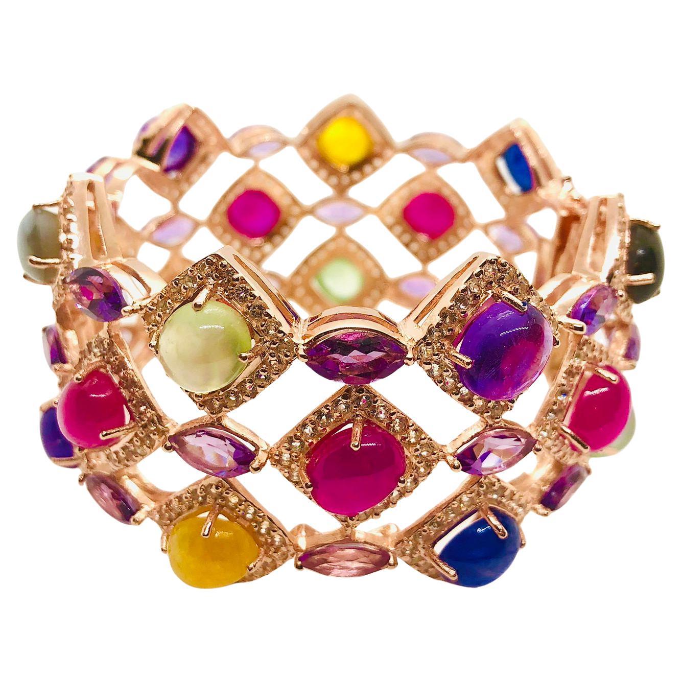 Bochic “Capri” Vintage Ruby & Multi Sapphire Bangle Set In 18K Gold & Silver