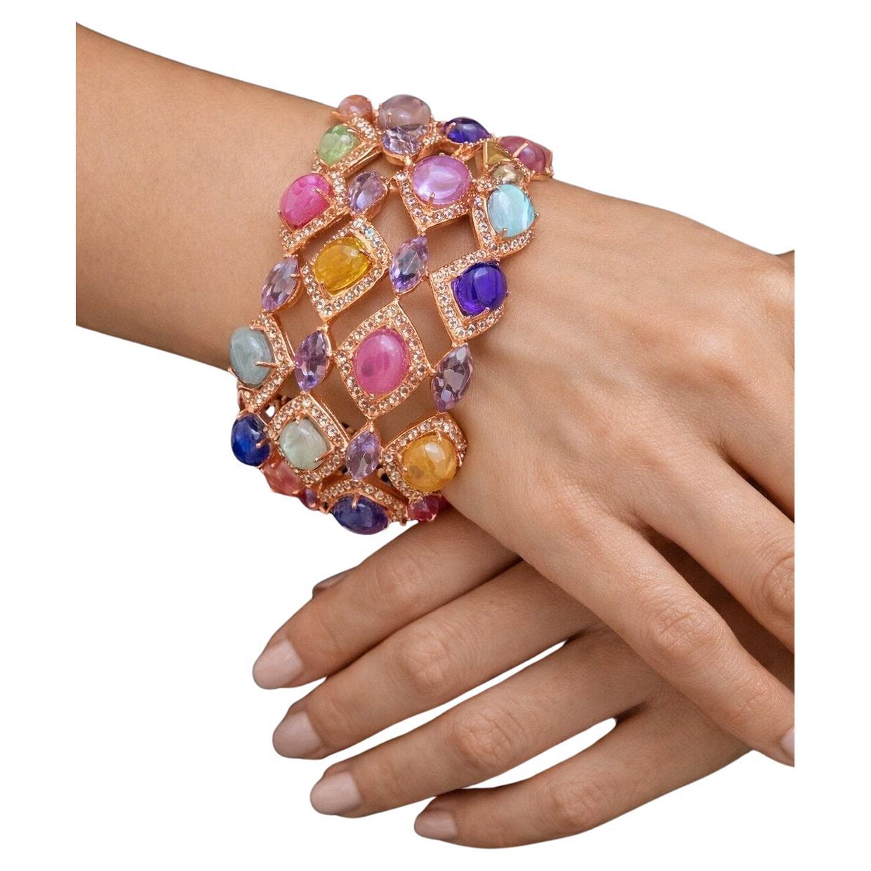 Bochic “Capri” Vintage Ruby & Multi Sapphire Bangle Set In 18K Gold & Silver
