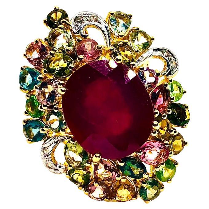 Bochic “Capri” Vintage Ruby, Multi Sapphire & Diamond Ring Set In 18K Gold & Sil