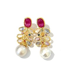 Bochic “Capri” Vintage Ruby & Multi Sapphire Earrings Set In 18K Gold & Silver