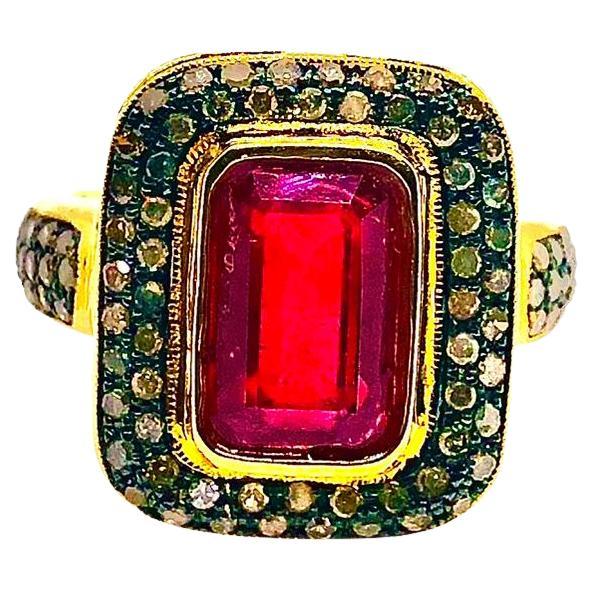 Anello Bochic "Capri" con rubino d'epoca e diamanti naturali in oro e argento 18 carati