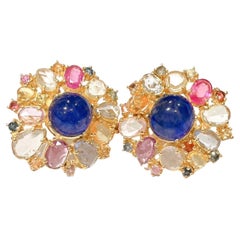 Bochic “Capri” Vintage Ruby & Rose Cut Sapphire Earrings 18k Gold & Silver