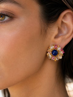 Bochic “Capri” Vintage Ruby & Rose Cut Sapphire Earrings 18k Gold & Silver