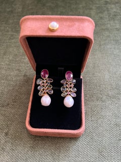 Juego de pendientes Bochic "Capri" Vintage de rubí y zafiro talla rosa Oro de 18 quilates y plata