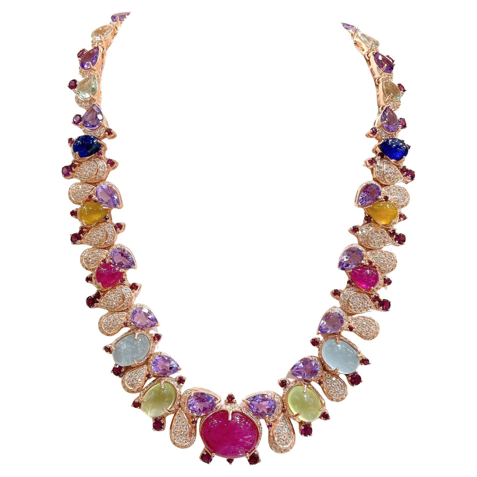 Bochic “Capri” Vintage Ruby, Sapphire, Amethyst, Aquamarine & Peridot Necklace For Sale