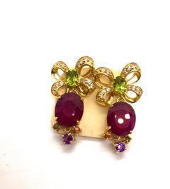 Pendientes Bochic "Capri" Vintage de rubí, zafiro, amatista y peridoto - Oro de 18 quilates y