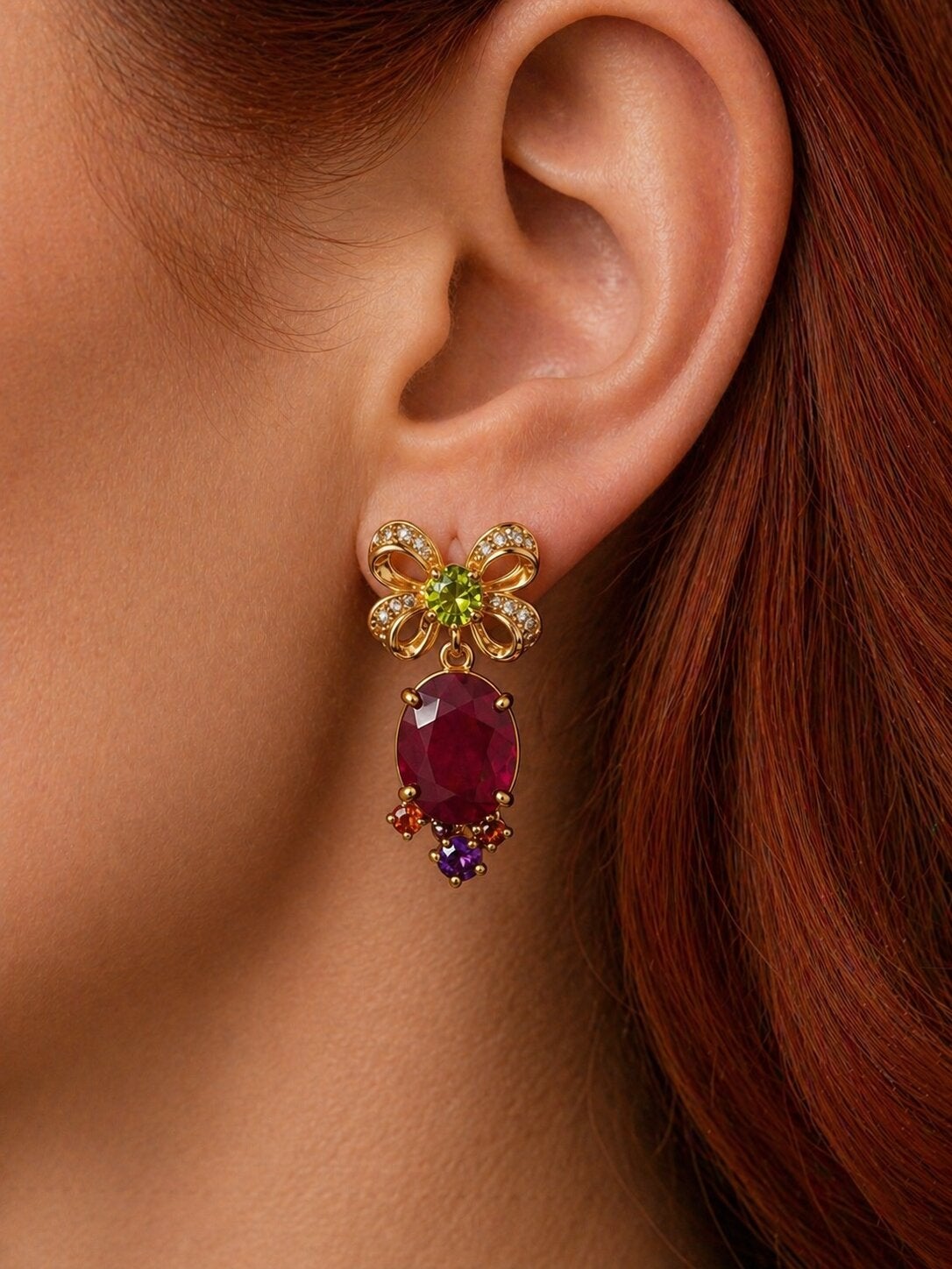 Pendientes Bochic "Capri" Vintage de rubí, zafiro, amatista y peridoto - Oro de 18 quilates y
