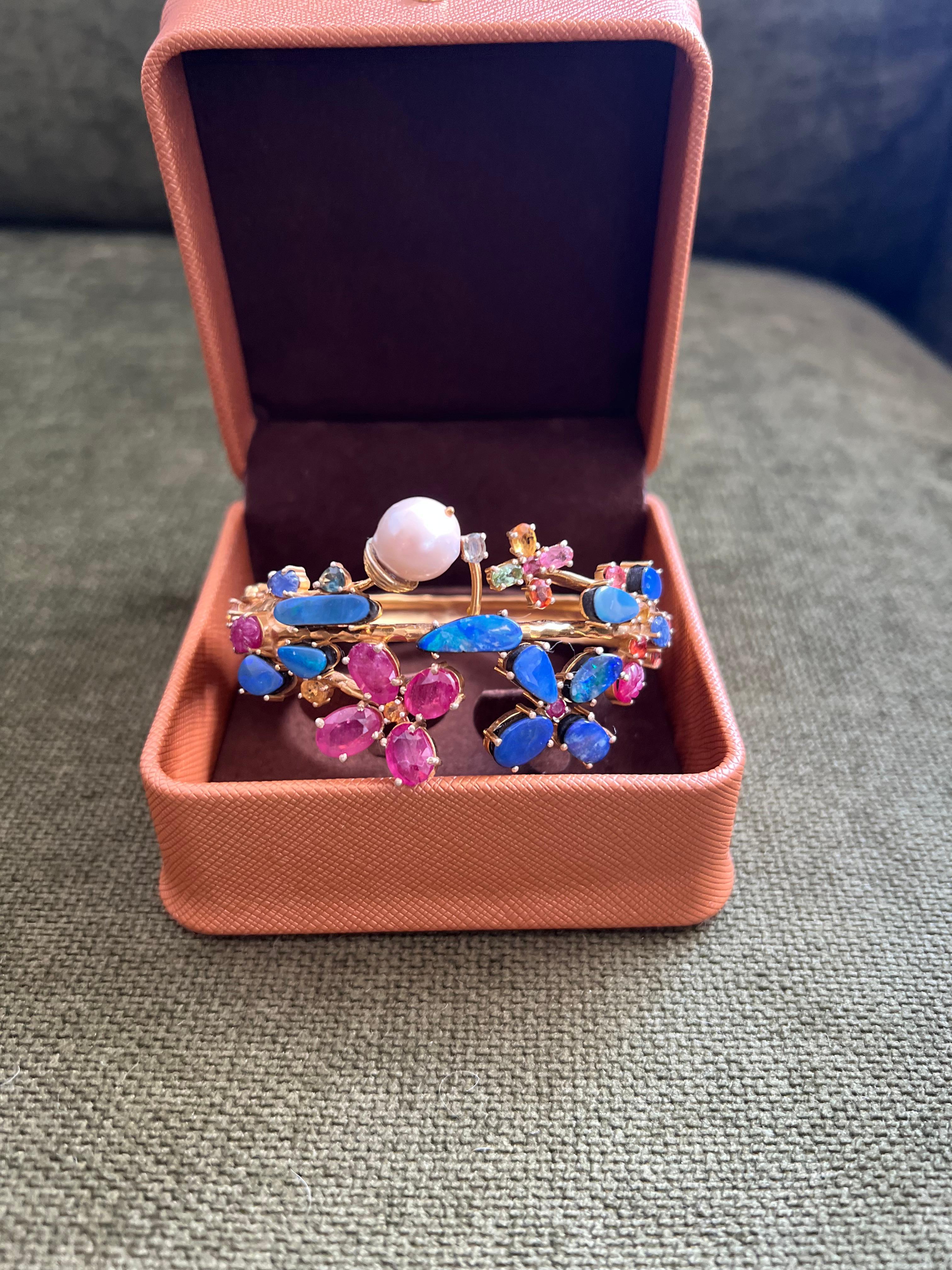 Bochic “Capri” Vintage Ruby, Sapphire & Blue Opal Cuff Set In 18K & Silver For Sale 4