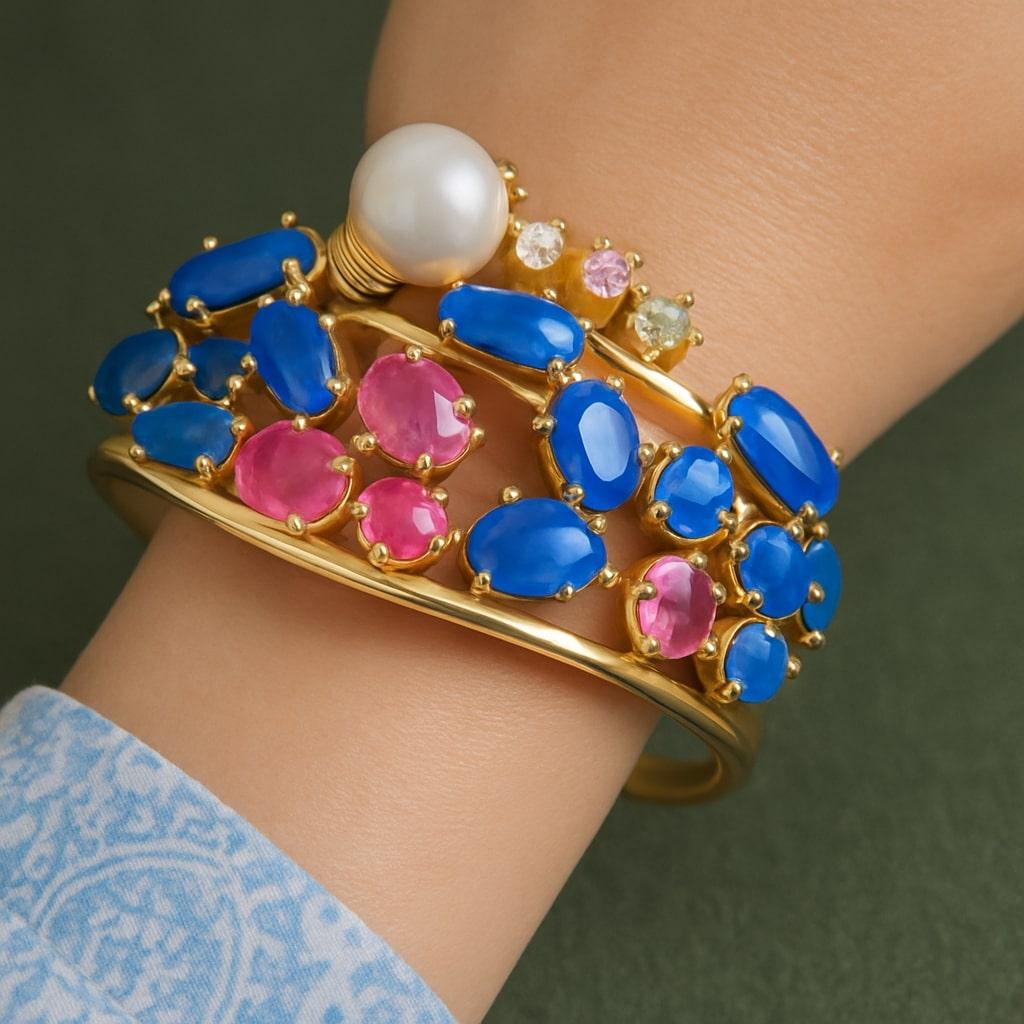 Bochic “Capri” Vintage Ruby, Sapphire & Blue Opal Cuff Set In 18K & Silver For Sale 6