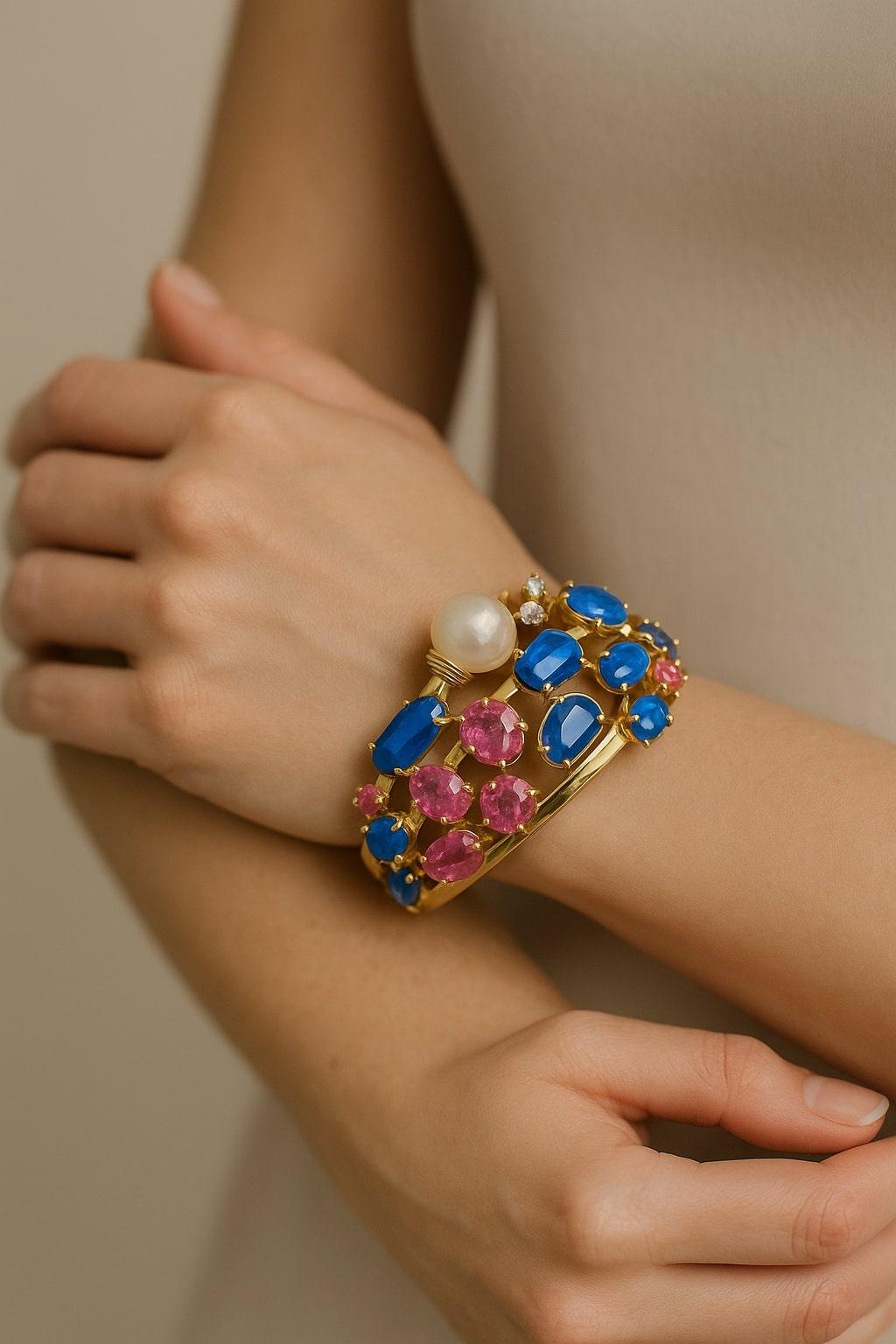 Bochic “Capri” Vintage Ruby, Sapphire & Blue Opal Cuff Set In 18K & Silver For Sale 7