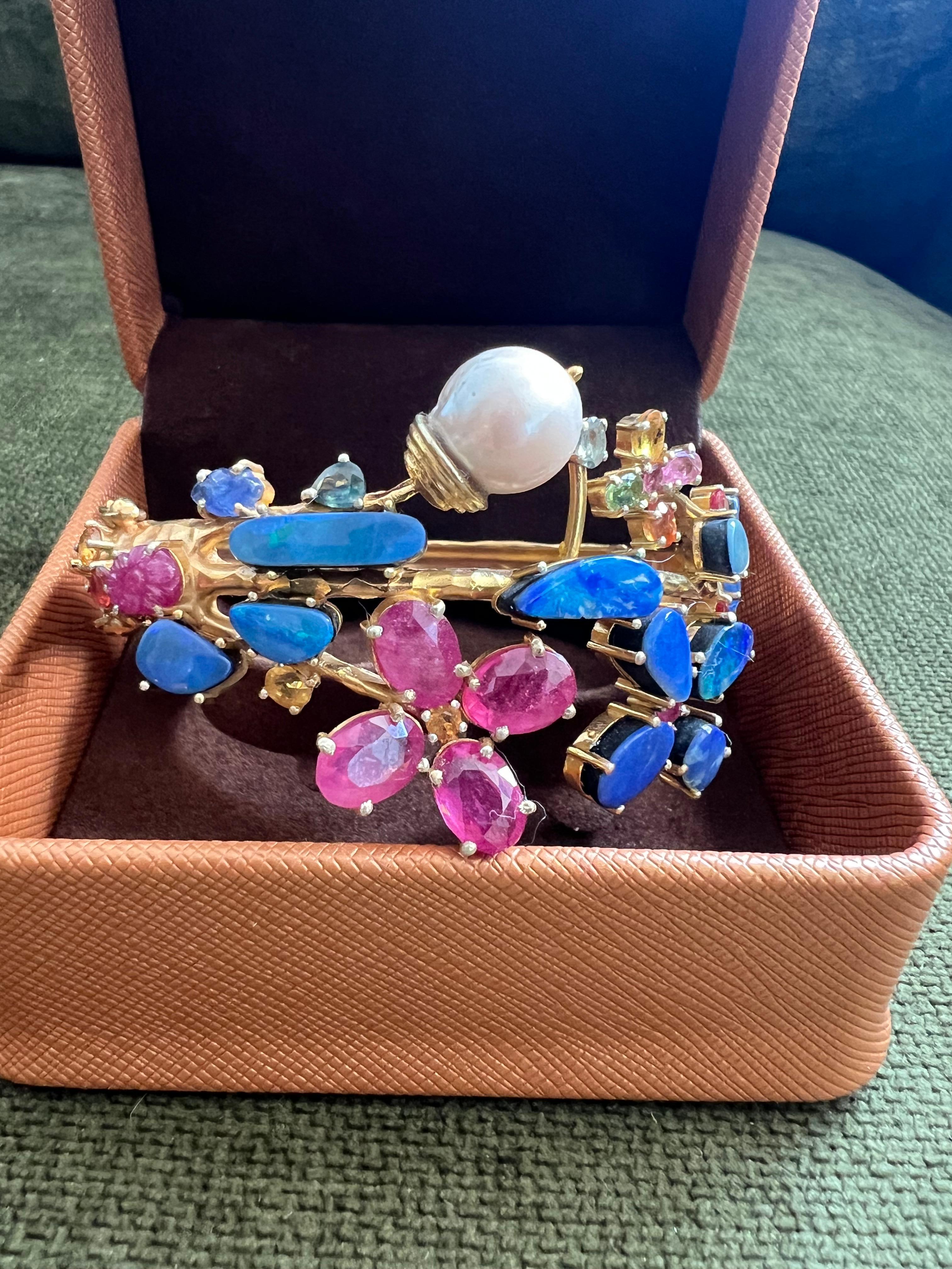 Baroque Bochic “Capri” Vintage Ruby, Sapphire & Blue Opal Cuff Set In 18K & Silver For Sale